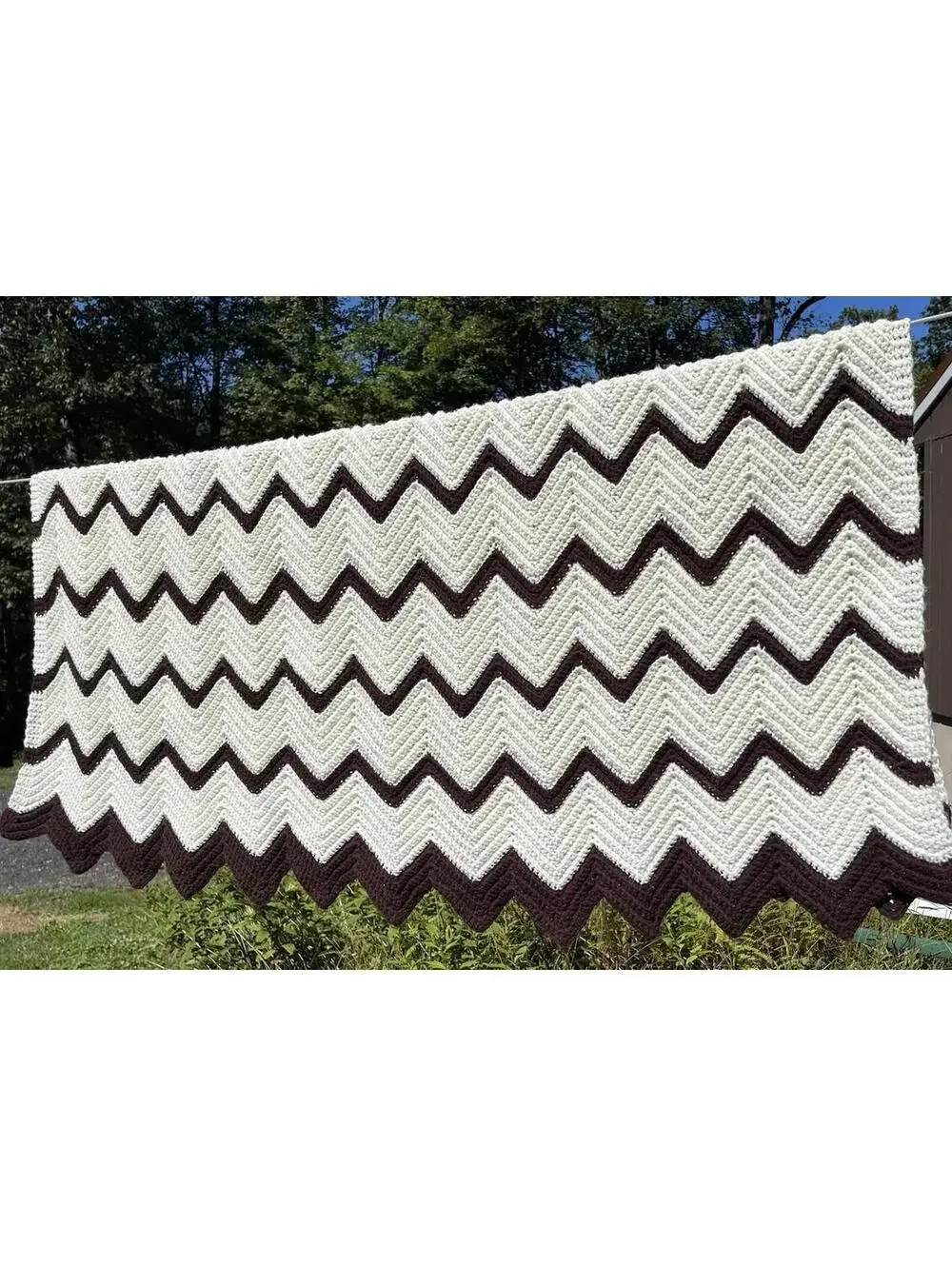 53x52” Cream Brown Chevron Acrylic Vintage Boho Granny Afghan 70s